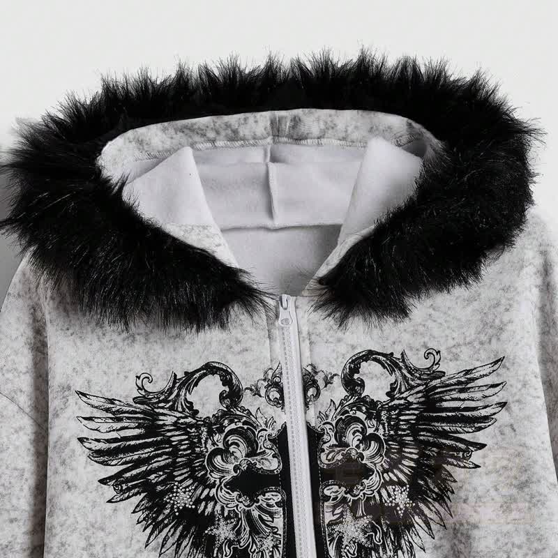 Gothic-Kapuzenjacke mit Pelzbesatz, gekreuztem Flügelmuster und Reißverschluss - image 5