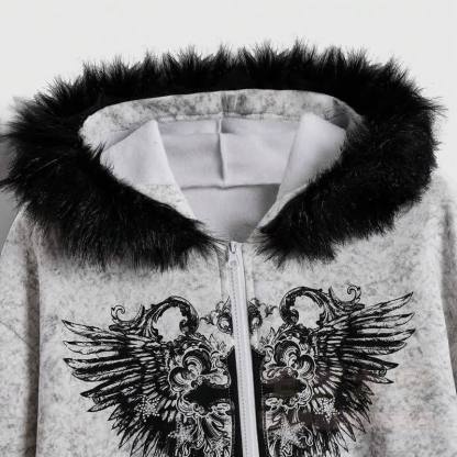 Gothic-Kapuzenjacke mit Pelzbesatz, gekreuztem Flügelmuster und Reißverschluss - image 5