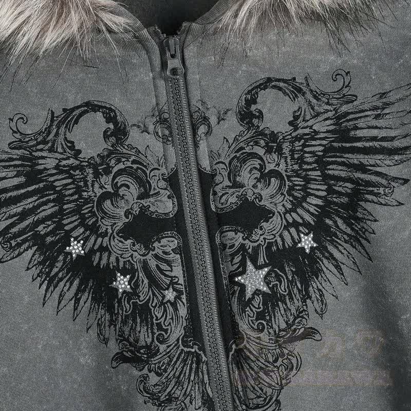 Gothic-Kapuzenjacke mit Pelzbesatz, gekreuztem Flügelmuster und Reißverschluss - image 4