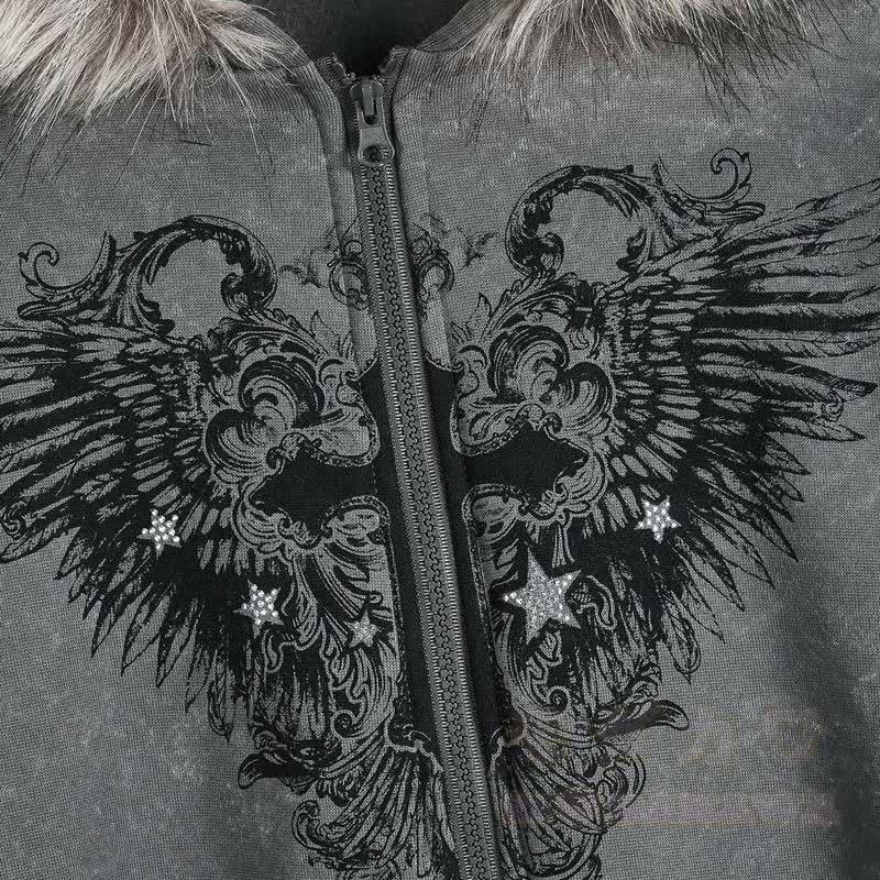 Gothic-Kapuzenjacke mit Pelzbesatz, gekreuztem Flügelmuster und Reißverschluss - image 4