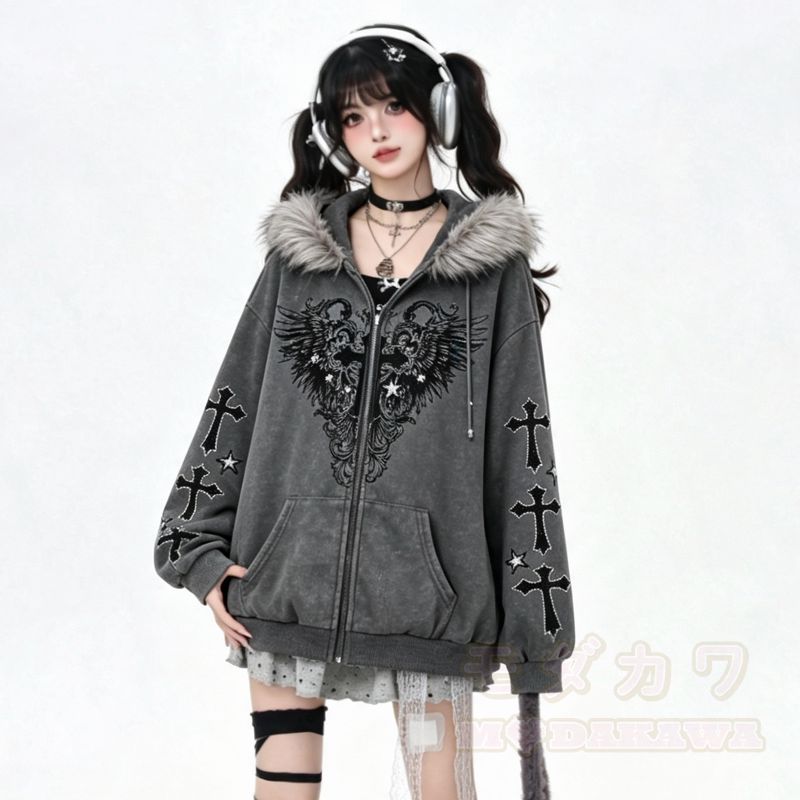 Gothic-Kapuzenjacke mit Pelzbesatz, gekreuztem Flügelmuster und Reißverschluss - image 2
