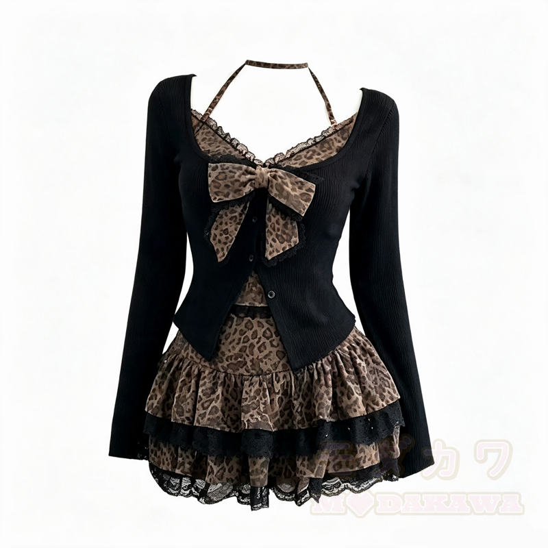 Dreiteiliges Set: Top mit Schleifenspitze, Strickjacke, Leoparden-Rüschenrock - Satz - XL - image 6