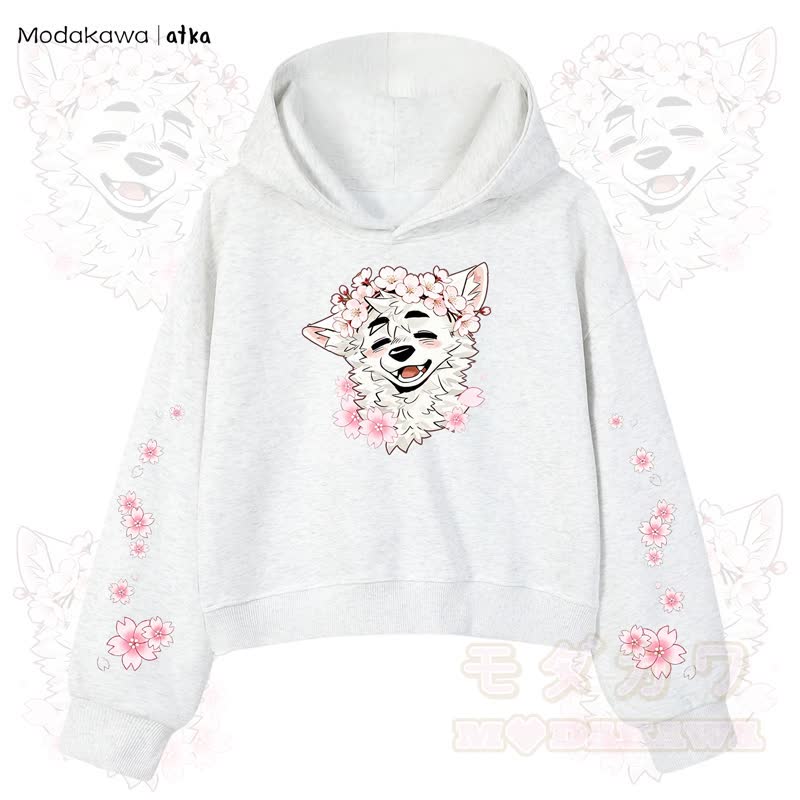 MODAKAWA X atka Wolf Graphic Stripe Cropped Cotton Hoodie - Hellgrau - 3XL - image 1