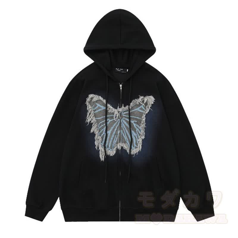 Lässige Kapuzenjacke mit Farbverlauf, Schmetterlingsaufnäher und Reißverschluss - Schwarz - 3XL - image 10