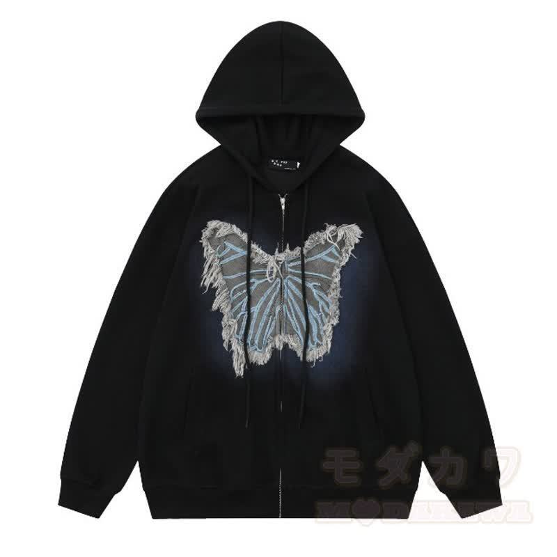 Lässige Kapuzenjacke mit Farbverlauf, Schmetterlingsaufnäher und Reißverschluss - Schwarz - 3XL - image 10