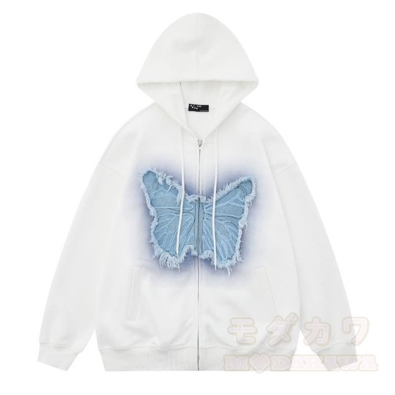 Lässige Kapuzenjacke mit Farbverlauf, Schmetterlingsaufnäher und Reißverschluss - Weiß - 3XL - image 9