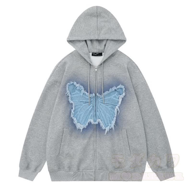 Lässige Kapuzenjacke mit Farbverlauf, Schmetterlingsaufnäher und Reißverschluss - Grau - 3XL - image 11
