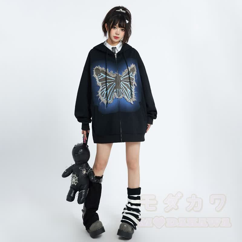 Lässige Kapuzenjacke mit Farbverlauf, Schmetterlingsaufnäher und Reißverschluss - image 4