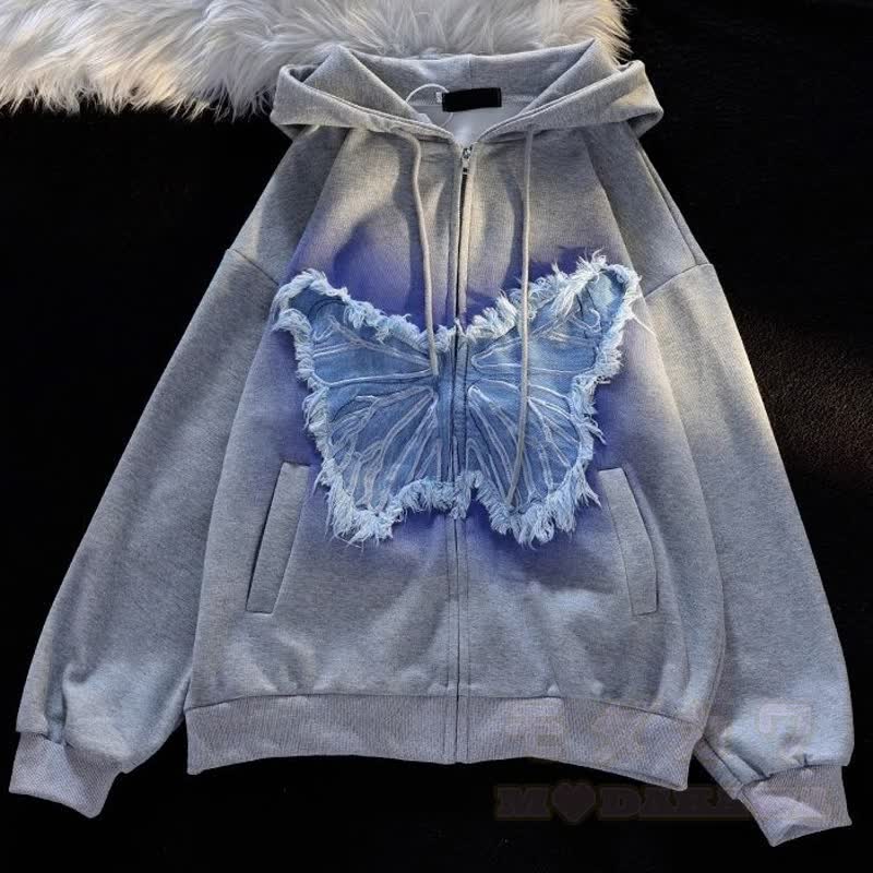 Lässige Kapuzenjacke mit Farbverlauf, Schmetterlingsaufnäher und Reißverschluss - image 8
