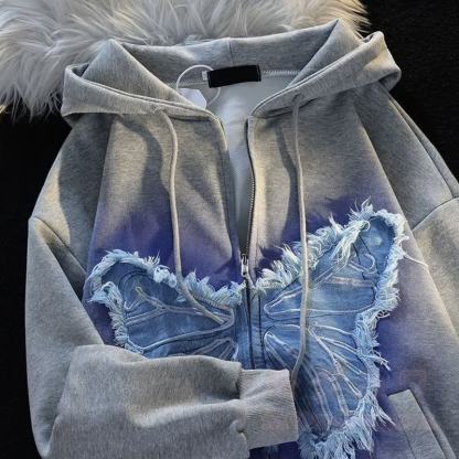 Lässige Kapuzenjacke mit Farbverlauf, Schmetterlingsaufnäher und Reißverschluss - image 7