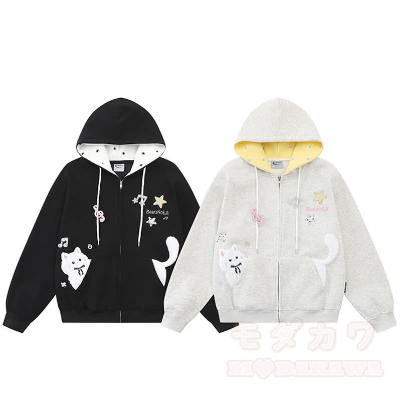 Hochwertige, strapazierfähige Kapuzenjacke mit Kawaii-Katzenstickerei und Reißverschluss, verziert mit einem Reißverschluss und Kawaii-Katzenstickerei - image 2