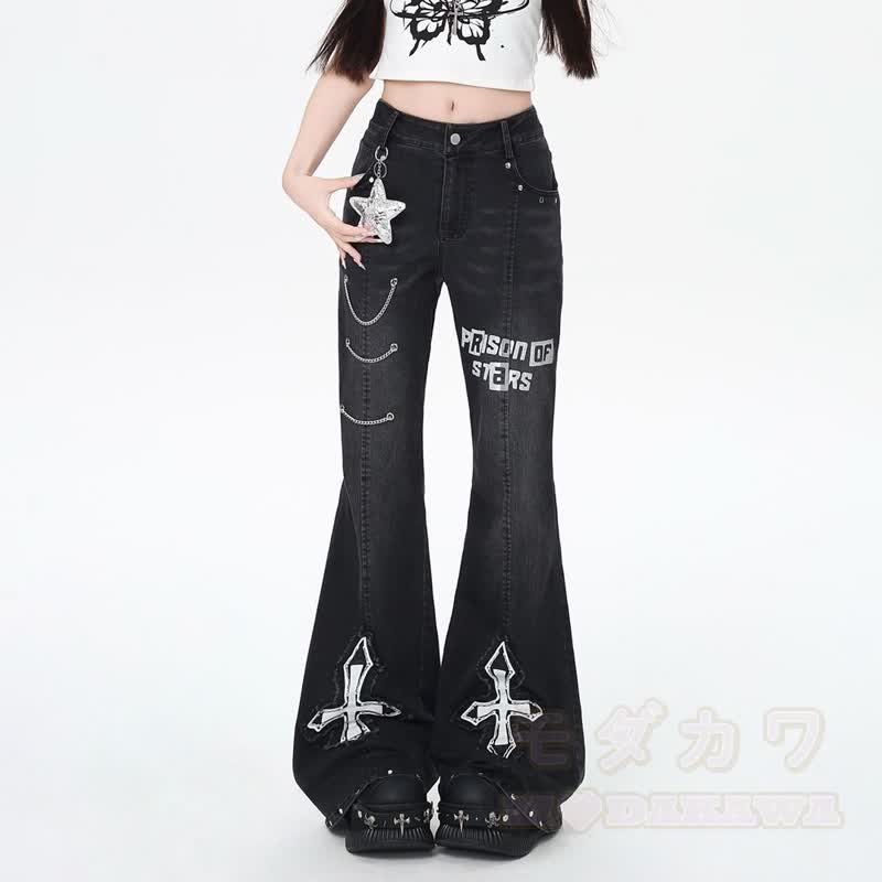 Y2K Vintage Jeans mit Kreuzprint, hoher Taille und ausgestelltem Denim - image 2