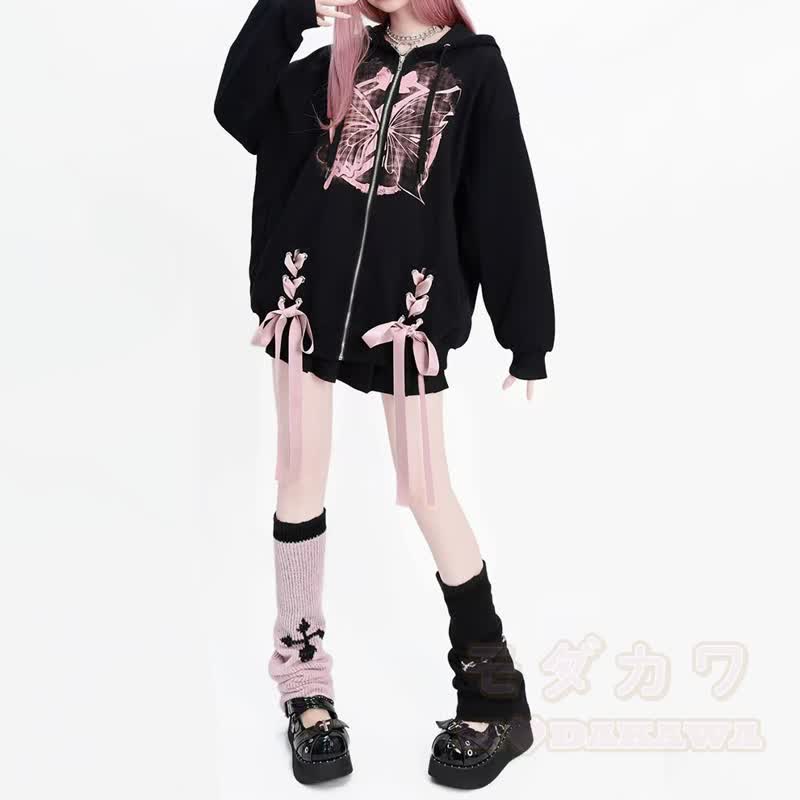 Gothic-Kapuzenjacke mit rosa Schmetterlingsmuster, Schleife und Reißverschluss - image 3
