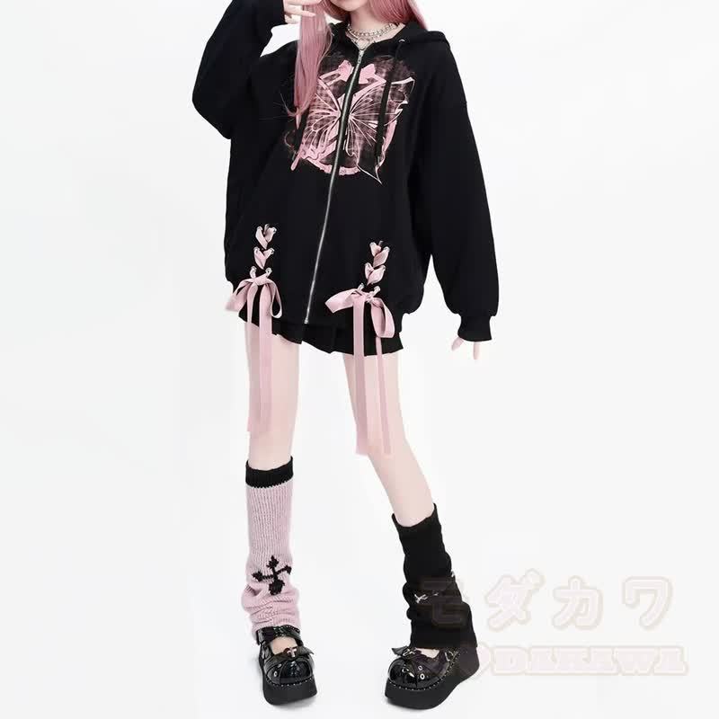 Gothic-Kapuzenjacke mit rosa Schmetterlingsmuster, Schleife und Reißverschluss - image 3
