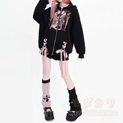 Gothic-Kapuzenjacke mit rosa Schmetterlingsmuster, Schleife und Reißverschluss - image 3