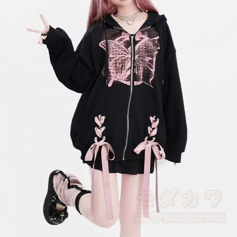 Gothic-Kapuzenjacke mit rosa Schmetterlingsmuster, Schleife und Reißverschluss - image 2
