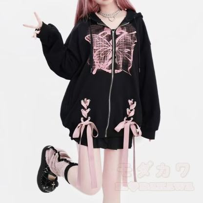 Gothic-Kapuzenjacke mit rosa Schmetterlingsmuster, Schleife und Reißverschluss - image 2