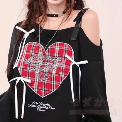 Sweatshirt mit Herz-Karomuster und Schleife, schulterfrei, langärmlig - image 4