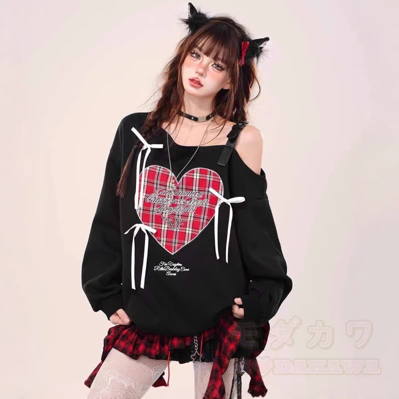 Sweatshirt mit Herz-Karomuster und Schleife, schulterfrei, langärmlig - image 3