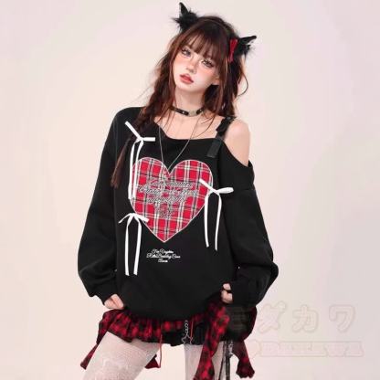Sweatshirt mit Herz-Karomuster und Schleife, schulterfrei, langärmlig - image 3