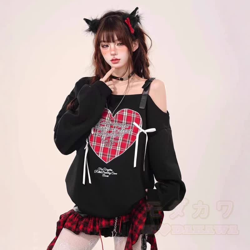 Sweatshirt mit Herz-Karomuster und Schleife, schulterfrei, langärmlig - image 2