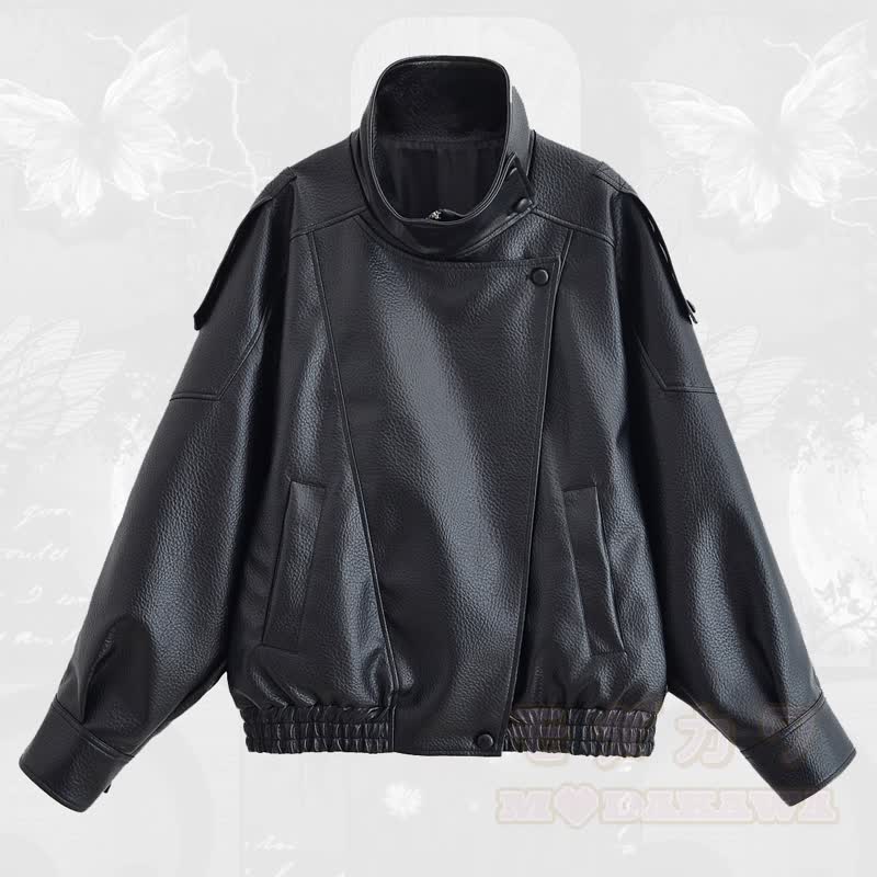 Vintage Oversized Bomberjacke aus Kunstleder mit Stehkragen - Schwarz - L - image 1