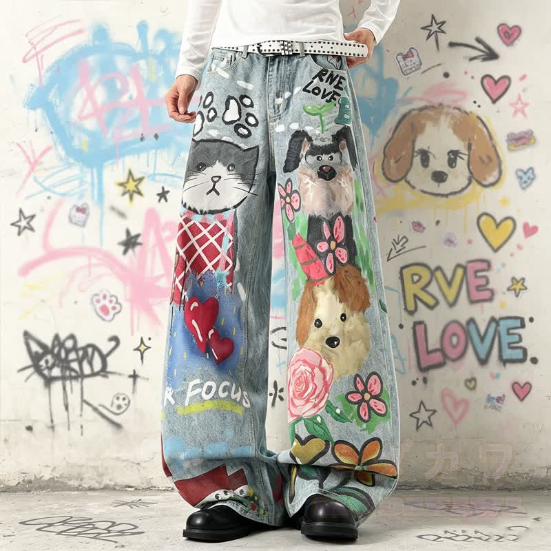 Jeans mit Cartoon-Katzen- und Blumenmuster, gewaschen, weites Bein - Blau - L - image 1