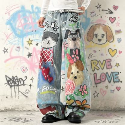 Jeans mit Cartoon-Katzen- und Blumenmuster, gewaschen, weites Bein - Blau - L - image 1