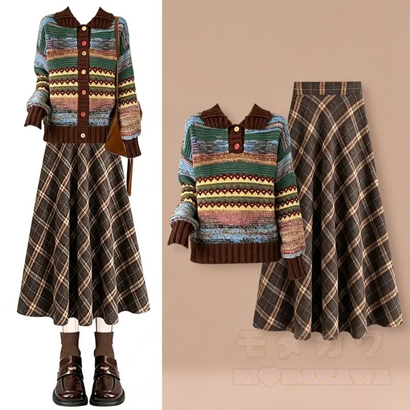 Zweiteiliges Set aus lässigem, gestreiftem Strickpullover und kariertem Rock - Satz - 4XL - image 1