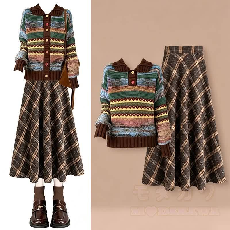 Zweiteiliges Set aus lässigem, gestreiftem Strickpullover und kariertem Rock - Satz - 4XL - image 1