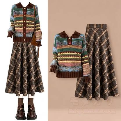 Zweiteiliges Set aus lässigem, gestreiftem Strickpullover und kariertem Rock - Satz - 4XL - image 1