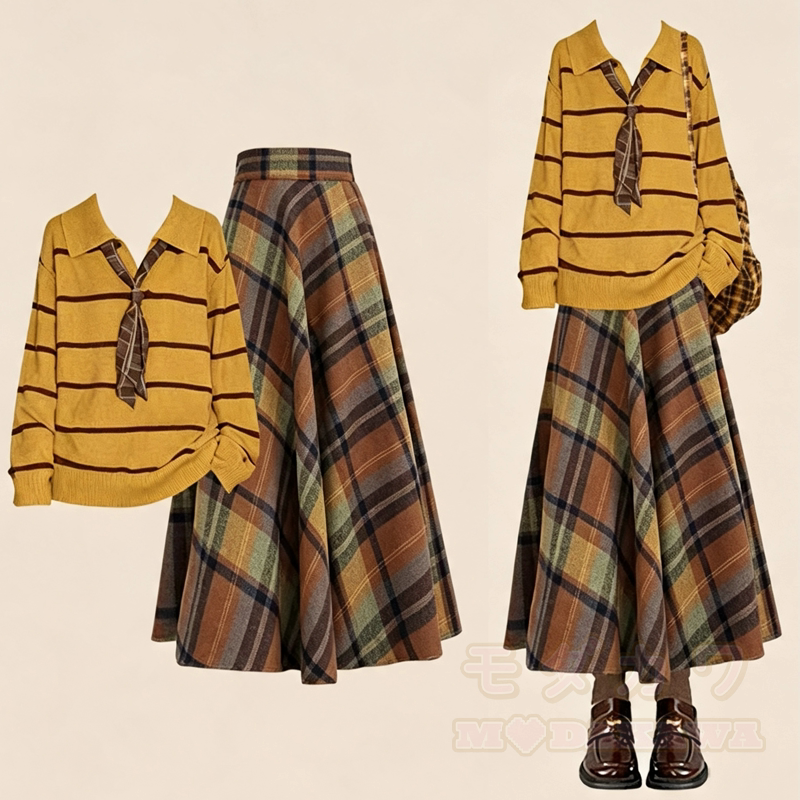 Vintage-Streifenpullover mit Bindeband und karierter Rock, zweiteiliges Set - Satz - 4XL - image 1