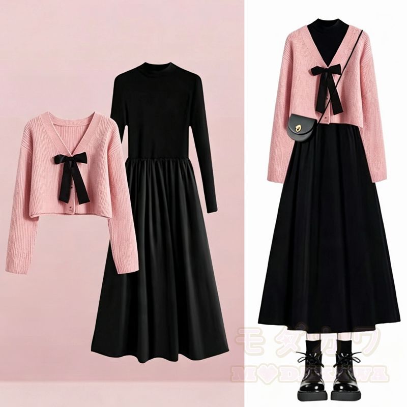 Elegantes, kurzes Strick-Cardigan-Kleid mit Schleife und langen Ärmeln, zweiteilig - Rosa Set - 3XL - image 1