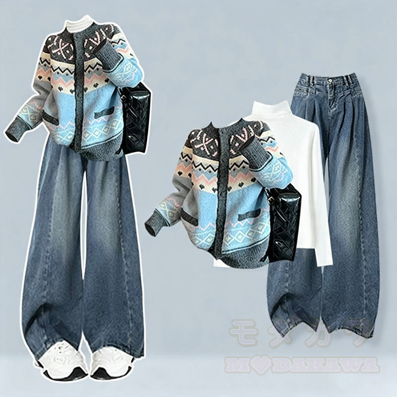 Zweiteiliges Set aus lässigem Retro-Strickcardigan und weit geschnittener Jeans - Satz - 4XL - image 1