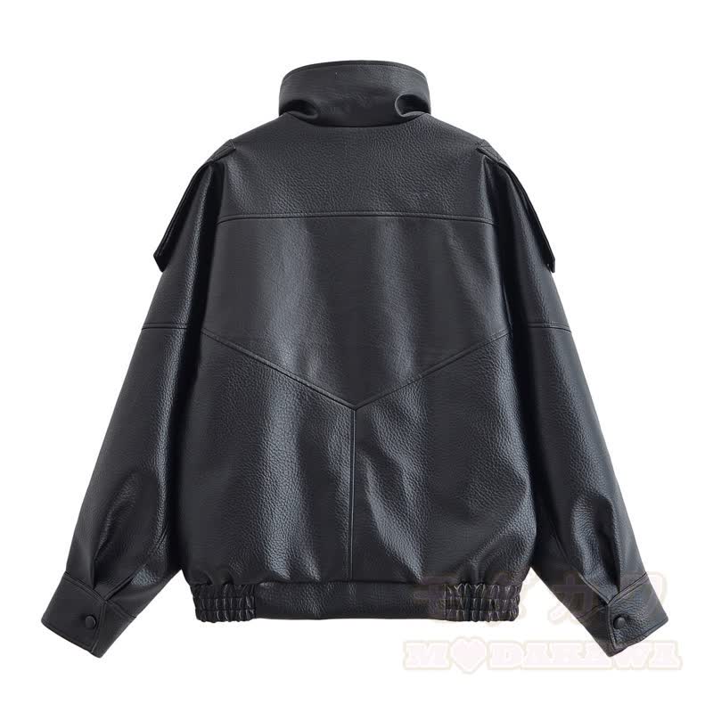 Vintage Oversized Bomberjacke aus Kunstleder mit Stehkragen - image 2