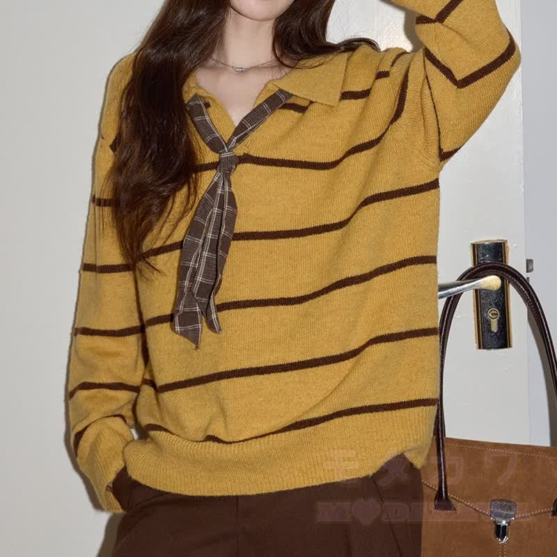 Vintage-Streifenpullover mit Bindeband und karierter Rock, zweiteiliges Set - image 2