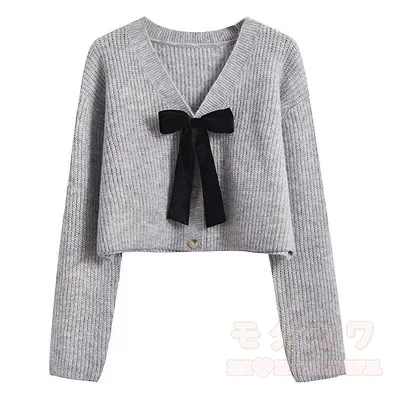 Elegantes, kurzes Strick-Cardigan-Kleid mit Schleife und langen Ärmeln, zweiteilig - Graue Strickjacke - 3XL - image 5