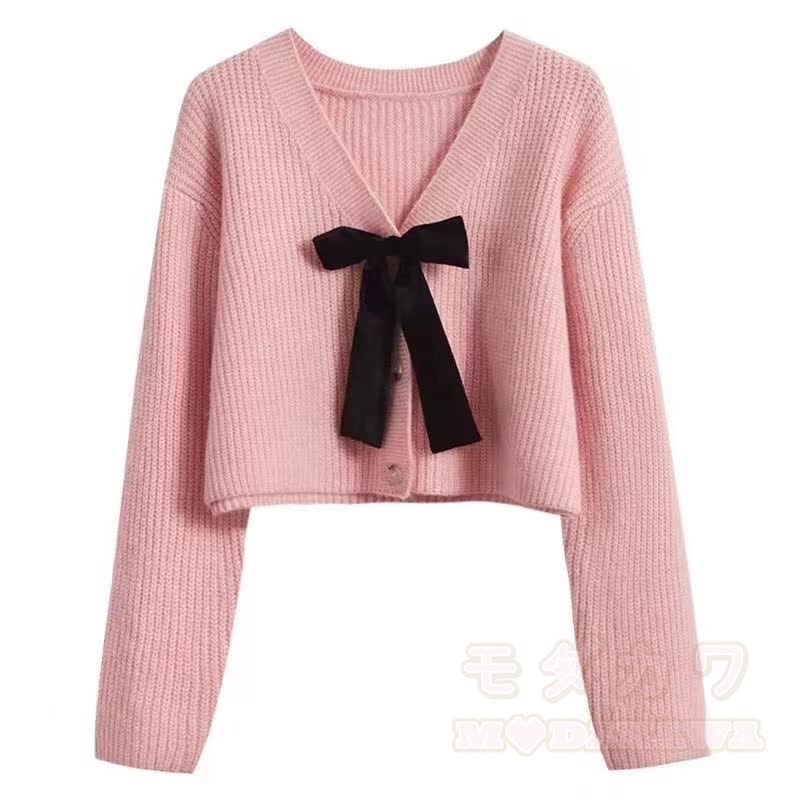 Elegantes, kurzes Strick-Cardigan-Kleid mit Schleife und langen Ärmeln, zweiteilig - Rosa Strickjacke - 3XL - image 4