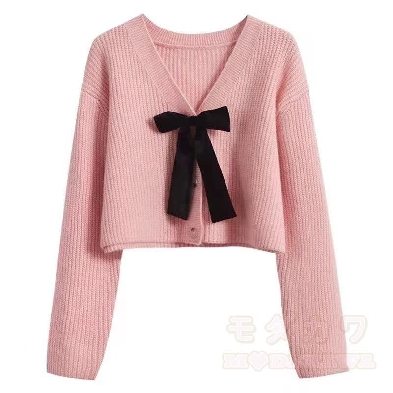 Elegantes, kurzes Strick-Cardigan-Kleid mit Schleife und langen Ärmeln, zweiteilig - Rosa Strickjacke - 3XL - image 4