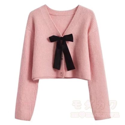 Elegantes, kurzes Strick-Cardigan-Kleid mit Schleife und langen Ärmeln, zweiteilig - Rosa Strickjacke - 3XL - image 4