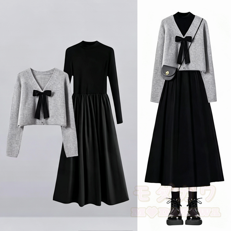 Elegantes, kurzes Strick-Cardigan-Kleid mit Schleife und langen Ärmeln, zweiteilig - Graues Set - 3XL - image 2