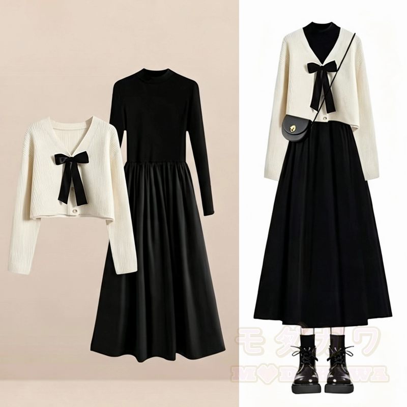 Elegantes, kurzes Strick-Cardigan-Kleid mit Schleife und langen Ärmeln, zweiteilig - Beiges Set - 3XL - image 3