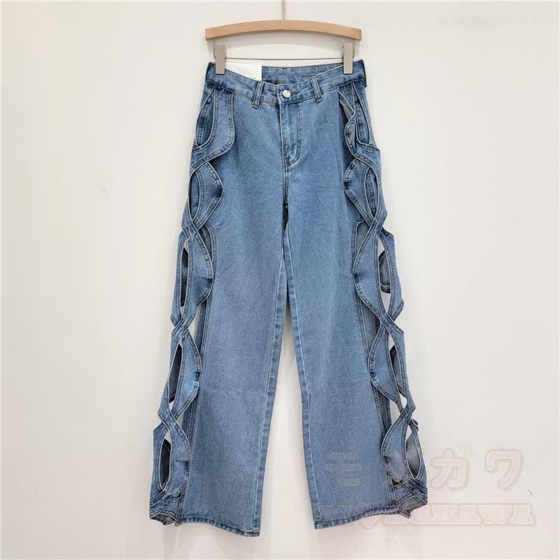 Jeans mit seitlichen Schnürausschnitten und geradem Bein - Blau - XL - image 3