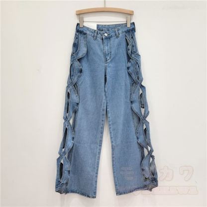 Jeans mit seitlichen Schnürausschnitten und geradem Bein - Blau - XL - image 3