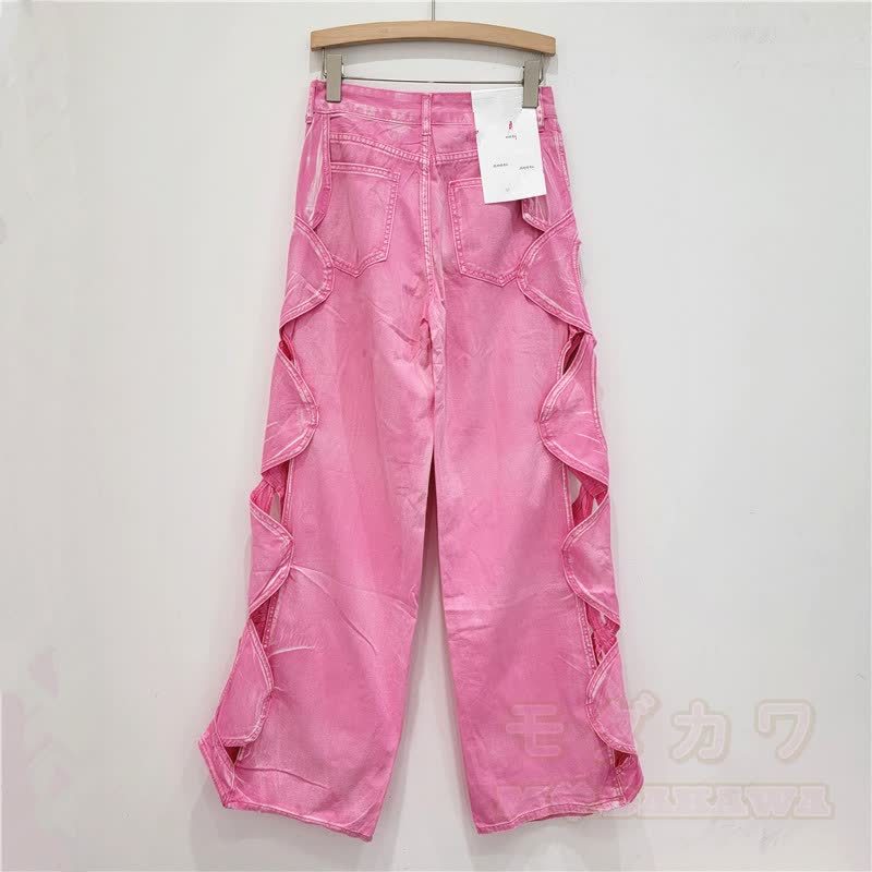 Jeans mit seitlichen Schnürausschnitten und geradem Bein - Rosa - XL - image 2