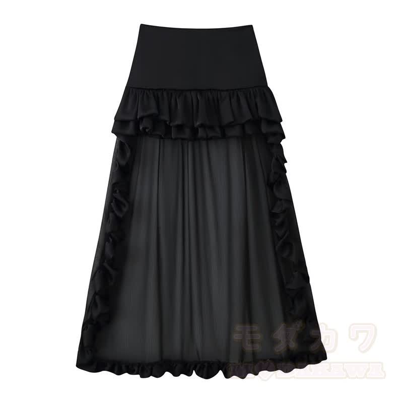 Eleganter, mehrlagiger, asymmetrischer Rüschen-Maxirock - Schwarz - L - image 3