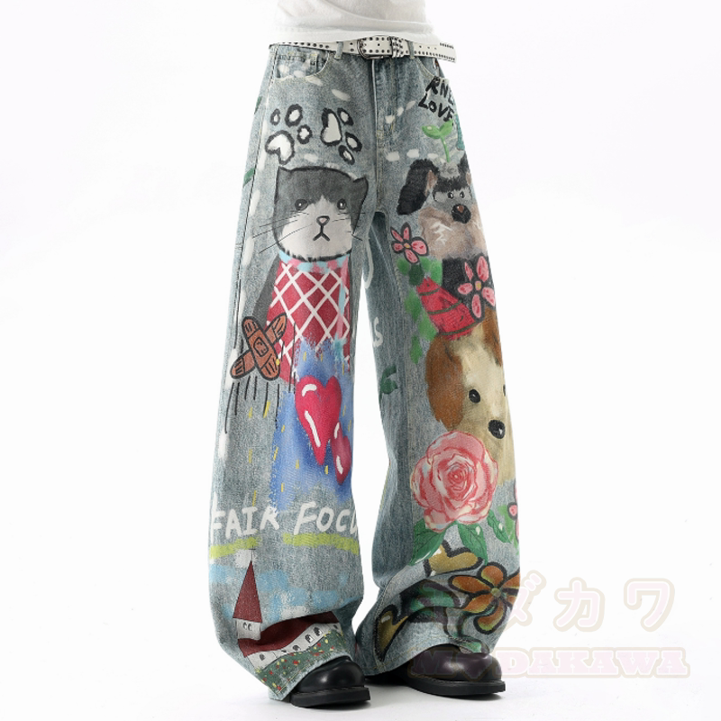 Jeans mit Cartoon-Katzen- und Blumenmuster, gewaschen, weites Bein - image 2