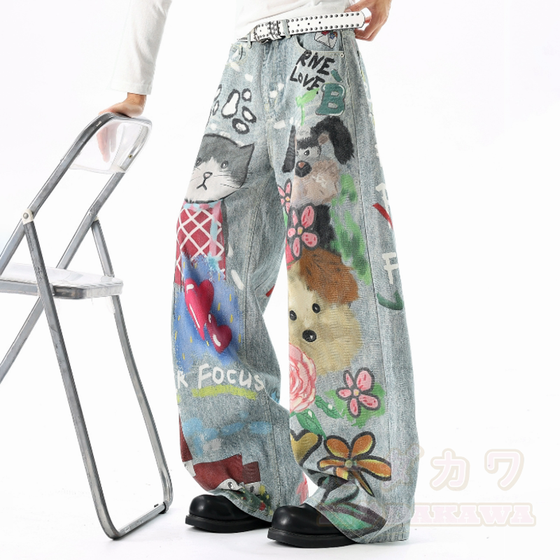 Jeans mit Cartoon-Katzen- und Blumenmuster, gewaschen, weites Bein - image 3