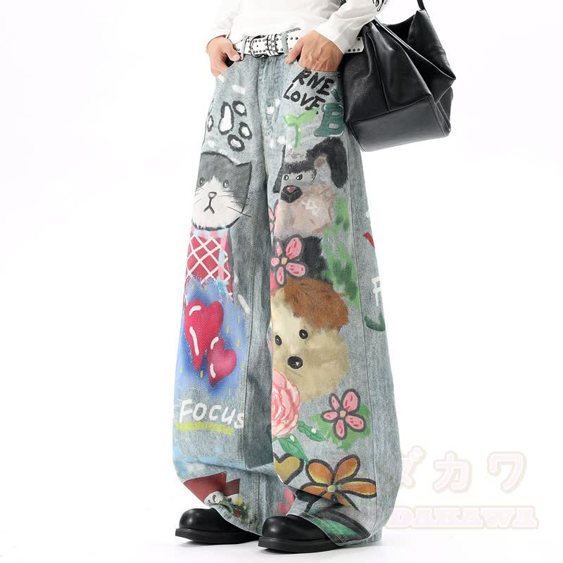 Jeans mit Cartoon-Katzen- und Blumenmuster, gewaschen, weites Bein - image 5