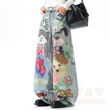 Jeans mit Cartoon-Katzen- und Blumenmuster, gewaschen, weites Bein - image 5